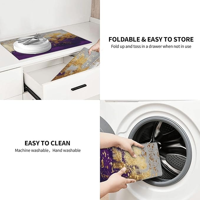 Purple Gold Abstract Art Dish Drying Mat for Kitchen Counter, 18" x 24" Absorbent Microfiber Drying Pad for Dishes, Decorative Kitchen Mat for Sink Area & Coffee Bar, Foldable Reversible Purple Decor