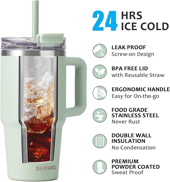 SUNWILL Travel Coffee Mug with Lid, 20 oz Tumbler with Handle and Straw Leak Proof, Stainless Steel Cup Insulated for Office & Gym, Cupholder Friendly, Powder Coated Matcha Cream