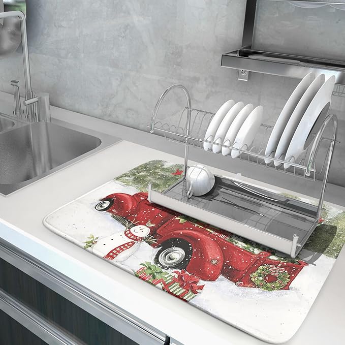 Christmas Red Truck Dish Mat for Kitchen Counter 18x24in, Winter Holiday Xmas Tree Snowman Farmhouse Absorbent Dishes Drainer Drying Mats Fast Dry Washable Microfiber Draining Pad