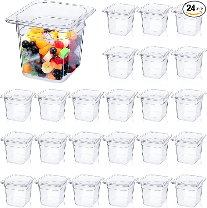 Yinder 24 Pcs Plastic Clear Food Pans 1/6 Size Stackable Polycarbonate Food Containers with Capacity Indicator Restaurant Commercial Hotel Pan for Fruits Vegetables Beans Corns (6'' Deep)
