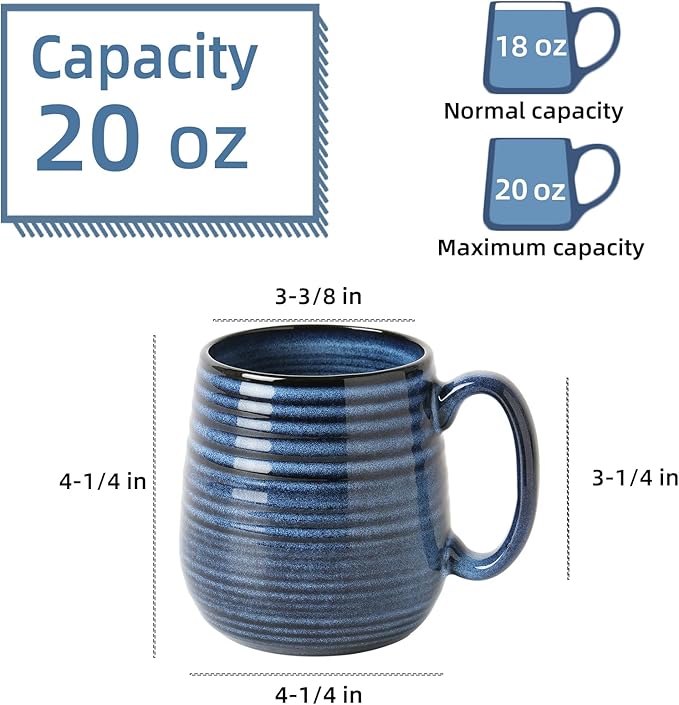 20 oz Large Ceramic Coffee Mugs set of 2, Coffee Mugs for Women and Men, Big Tea Cups, Large Handle Mug for Office and Home, Microwave and Diahwasher Safe (Blue with Stripes, 2PCS)