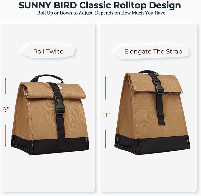 SUNNY BIRD Insulated Lunch Bag Rolltop Lunch Box Tote Bag for Women, Men, Adults and Teens (Brown)
