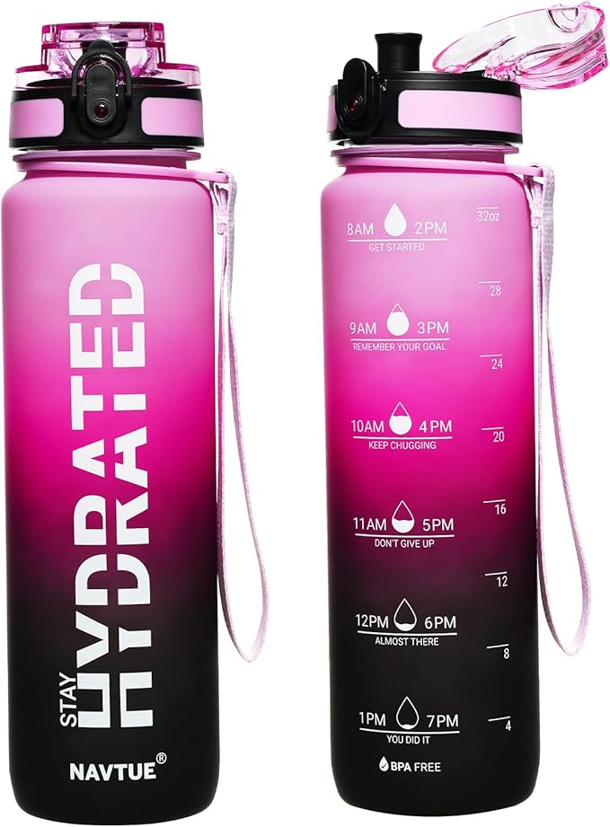 Water Bottle, 32oz Sports Water Bottles with Time Marker Wide Mouth, Motivational and Leakproof Drink Bottle, BPA Free Tritan with Carry Strap for Gym Fitness Outdoor (Direct Drink 1 Bottle)
