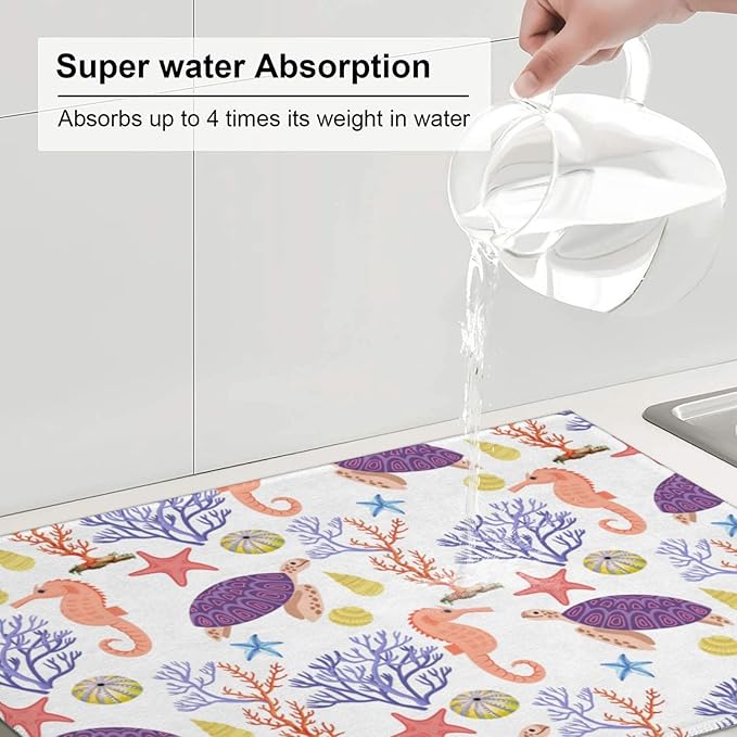 Purple Beach Sea Turtle Dish Drying Mat 18x24 For Kitchen Counter Absorbent Microfiber Dishes Pad Dish Drainer Rack Mats Fast Dry Kitchen Accessories