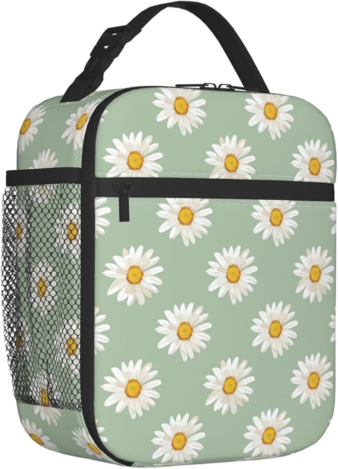 Reusable Daisy Lunch Box for Kids Girls Boys Women Adult, Insulated Floral Lunch Bag,Polyester Cooler Flower Handbags Case for School Picnic Work Travel Beach or Hiking (Light Green)