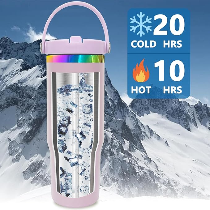 30 oz Tumbler Bulk with Handle and Straw, Vacuum Insulated Tumblers with Flip Straw and Top Handle, Leakproof Powder Coated Tumbler, Stainless Steel Travel Mug for Coffee (Purple, 8 Pack)