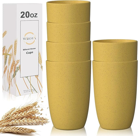 Wheat Straw Cups 6 PCS Good Alternative to Plastic Reusable Cups 20 oz Unbreakable Drinking Cup Reusable Dishwasher Safe Water Plastic Glasses Yellow Color