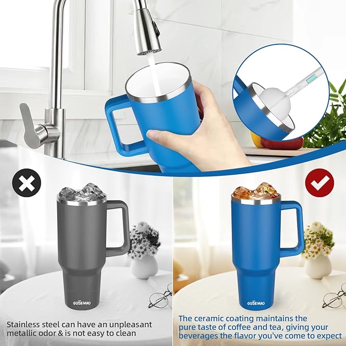 40 oz Insulated Coffee Mug with Ceramic Coating, Stainless Steel Travel Mug Tumbler with Handle Lid and Straw, Double Wall Leak-Proof Coffee Travel Mug Keeps Drink Hot and Cold (Blue)