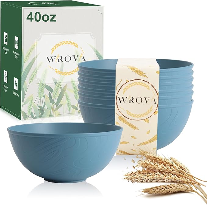 Wrova Wheat Straw Salad Bowls for Kitchen set of 6,Anit-Scald Thick Soup Bowls 40oz,Microwave and Dishwasher Safe Bowl set easy to clean. Blue