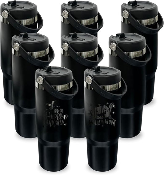 30 oz Tumbler with Handle, Double Wall Vacuum Insulated Tumblers with Flip Straw, Coffee Mug 30oz Powder Coated Cup for Hot and Cold Drinks(Black Plated, Black,8 pack)