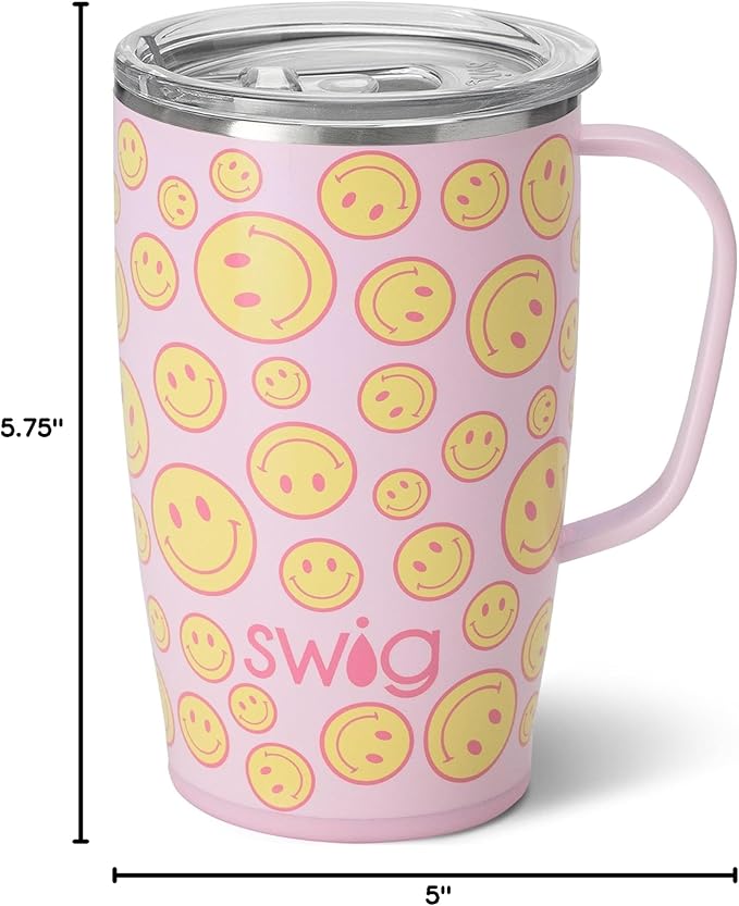 Swig Life 18oz Travel Mug, Insulated Tumbler with Handle and Lid, Cup Holder Friendly, Dishwasher Safe, Stainless Steel, Travel Coffee Cup (Oh Happy Day)