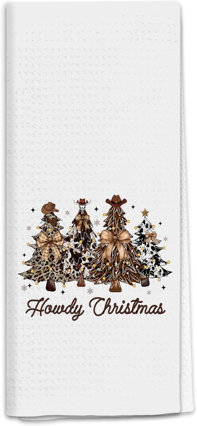 Western Christmas Tree Kitchen Towels, Coquette Bow Cowhide Xmas Tree Dish Tea Towels for Kitchen, Rustic Western Cowgirl Decorative Hand Towel for Bathroom, 16x24 Inch