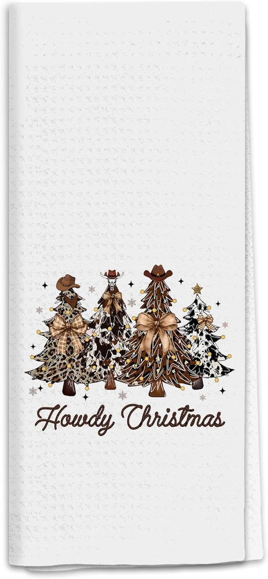 Western Christmas Tree Kitchen Towels, Coquette Bow Cowhide Xmas Tree Dish Tea Towels for Kitchen, Rustic Western Cowgirl Decorative Hand Towel for Bathroom, 16x24 Inch