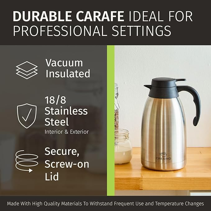 Thermal Coffee Carafe with Cleaning Brush - 68 oz / 2L, 24 Hours Cold or 12 Hours Hot Water Dispenser, Carafe for Hot Liquids - Insulated Stainless Steel Coffee Urn - Easy Use Tea Dispenser - Cresimo