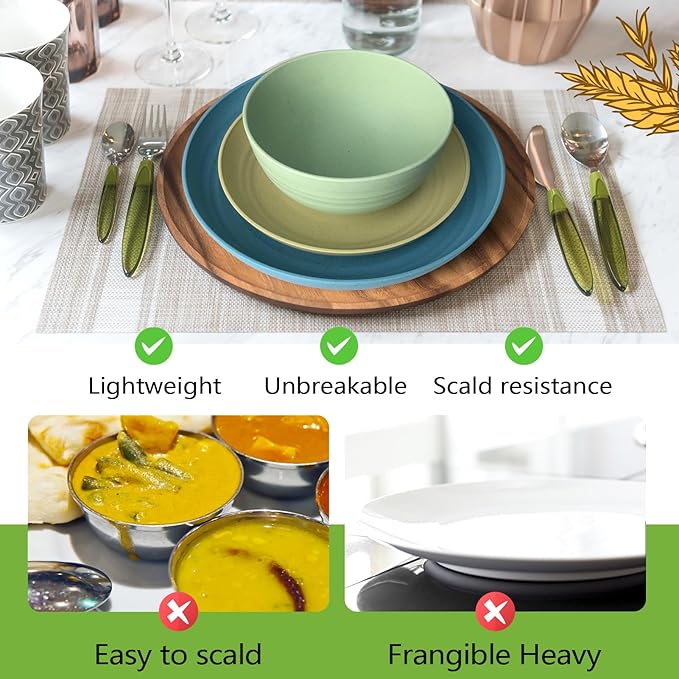 Teivio 32-Piece Kitchen Plastic Wheat Straw Dinnerware Set, Service for 8,Dinner Plates, Dessert Plate, Cereal Bowls,Cups,Unbreakable Colorful Plastic Outdoor Camping Dishes for Patio,Hues Multicolor