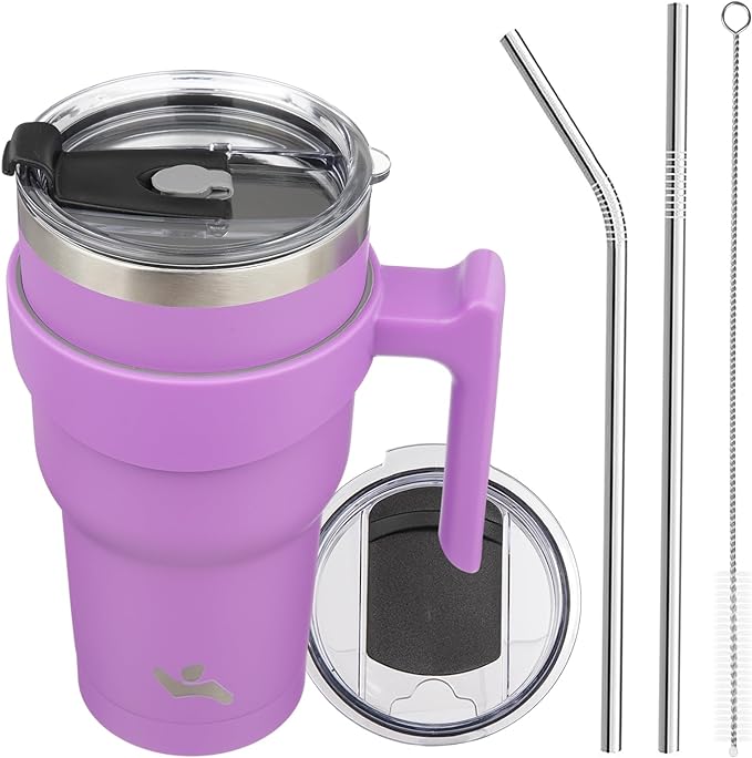 30 oz Tumbler with Handle and 2 Straw 2 Lid, Insulated Water Bottle Stainless Steel Vacuum Cup Reusable Travel Mug,Lavender