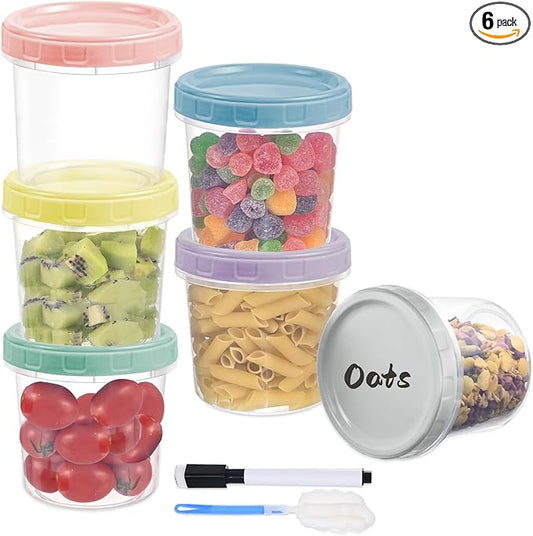 6pcs 16 oz Plastic Deli Containers with Screw Lids, Small Freezer Containers Reusable 2 Cup Food Storage Container with Pen & Brush for Snack Salad Fruit, Microwave & Dishwasher Safe BPA Free