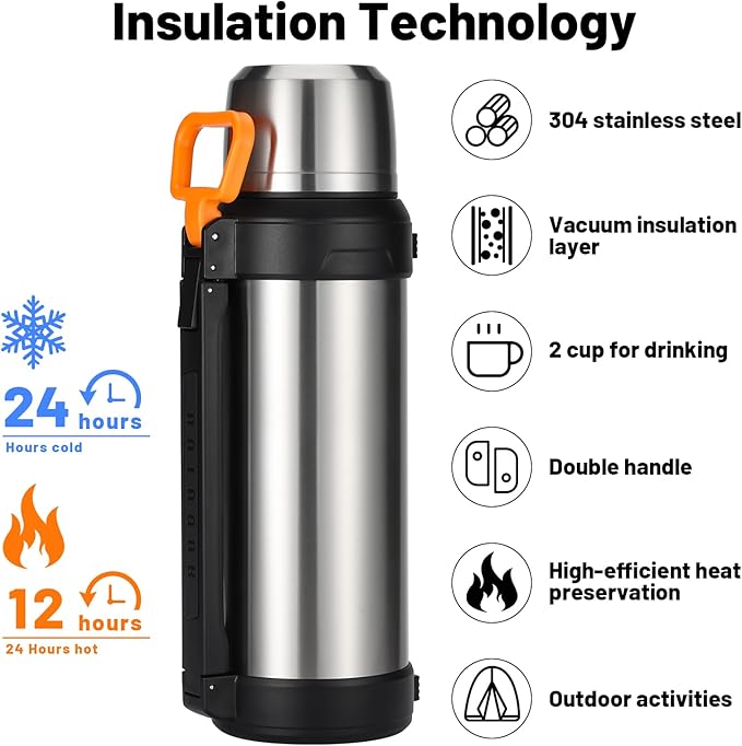 88oz Large Coffee Thermo for Travel, 2500ml Insulated Stainless Steel Water Bottle with Cup and Handle, Water Jug for 24hr Hot and Cold drinks, Vacuum Flask for Camping, Fishing & Working, Silver