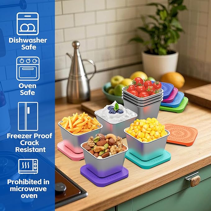 Set of 4 Snackle Box Containers,Toddler Snack Container,Stainless Steel Snack Containers for Kids;Leak Proof Stackable Small Metal Lunch Box with Silicone Lids