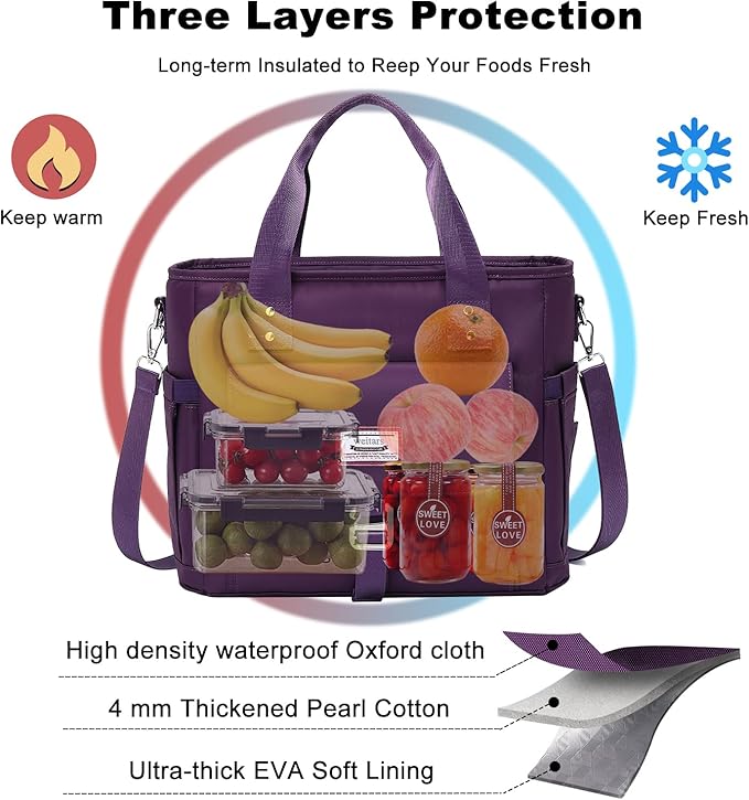 Weitars Lunch Bag for Women Work,Insulated Lunch Box Extra Large Lunch Tote Bag,Wide-Open Tote Cooler Bag With Removable Shoulder Strap with Side Pocket,Lunchbag For Picnic Hiking Beach