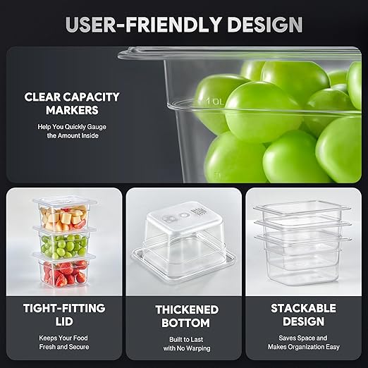 WILPREP 6 Pack Plastic Food Pans with Lids, 1/6 Size 4 in Deep Clear Food Storage Containers, 1.8 qt Stackable Polycarbonate Commercial Hotel Pans for Fruits Vegetables Beans Corns, NSF Listed