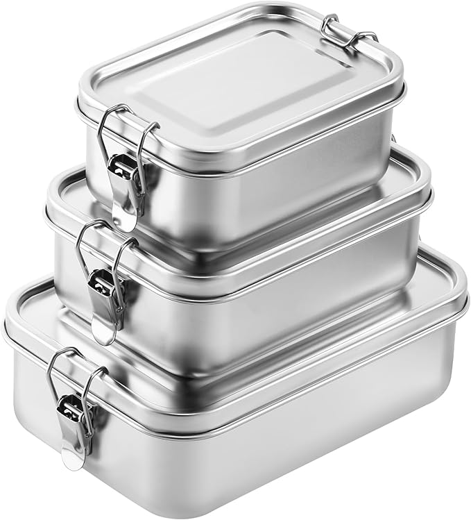 Umigy 3 Pcs Stainless Steel Food Containers 1200/1400/2400ml Metal Bento Lunch Box Stainless Steel Food Storage Containers, Lockable Clips to Leak Proof, Reusable Dishwasher Snack Boxes for Work