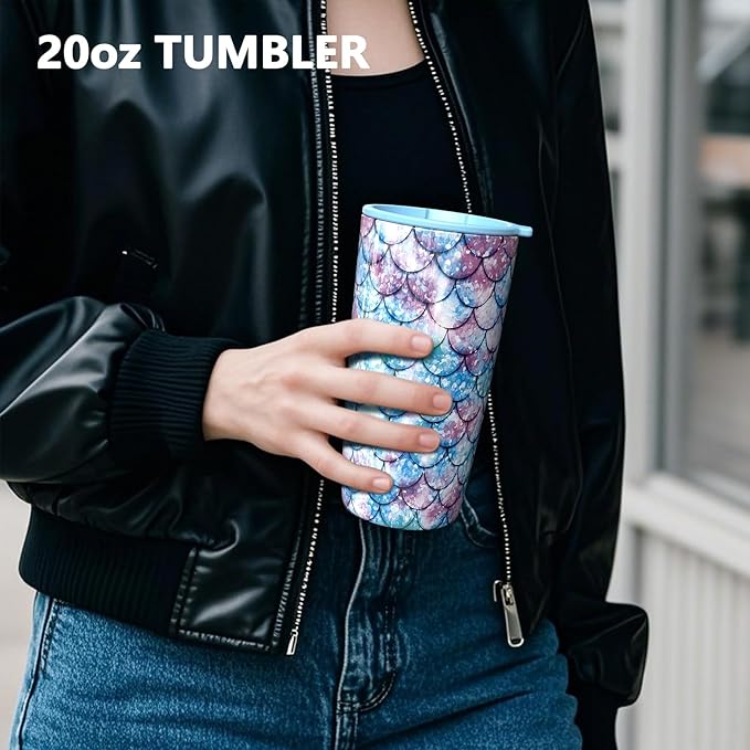 TILUCK 20 oz Tumbler with Leak-Proof Lid, Vacuum Insulated Stainless Steel Coffee Mug, Double-Walled Travel Tumbler for Hot and Cold Drinks(FishScales, 20oz)