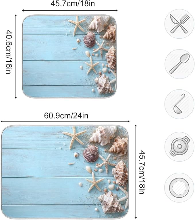 Blue Wooden Seashells and Starfish Dish Drying Mat for Kitchen Counter Super Absorbent Dishes Pad Reversible Microfiber Protector Dish Draining Mats 18x24 inch