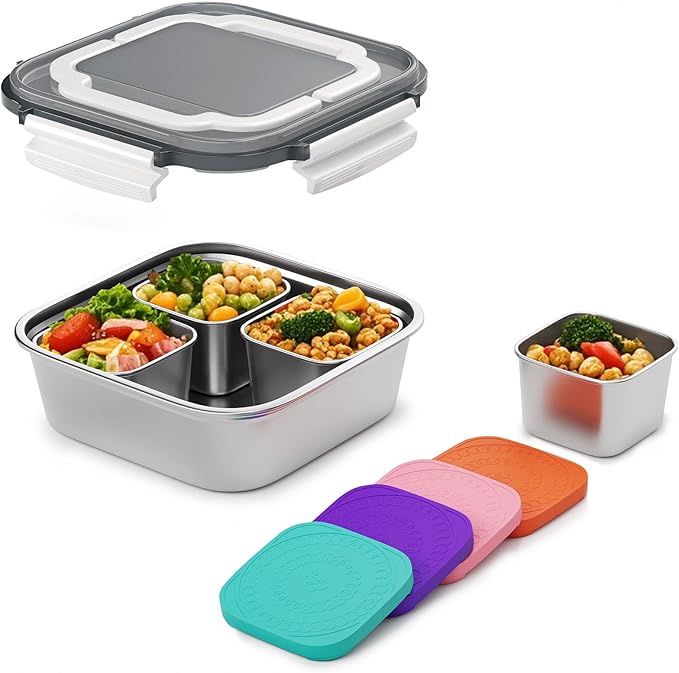 Snackle Box Container Stainless Steel Conntainers with Lids 5 Pack,Large Stainless Steel Container(1.5qt) and Set of 4 Snack Containers,Convenient to Carry,Suitable for Picnics and Travel