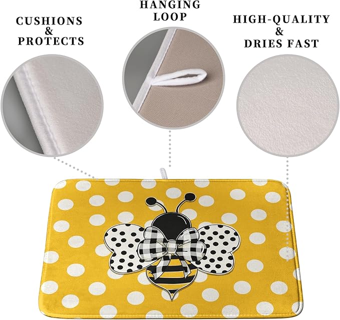 Bee Dish Drying Mat for Kitchen Counter 16x18 Inch Yellow Honey Bees Polka Dots Dishes Pad Cute Bumblebee Dish Draining Microfiber Absorbent Dish Drainer Rack Mat Medium Kitchen Accessories