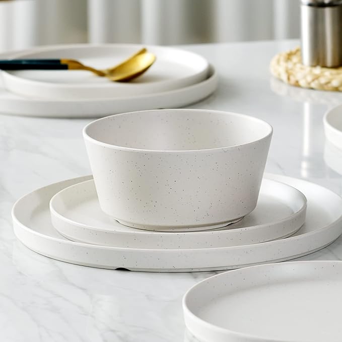 FINE&NICE 12PCS Melamine Dinnerware Sets, Outdoor Dinnerware Sets for 4,Durable Camper Dinerware,Lightweight, Dishwasher Safe and BPA Free(Spotty White)