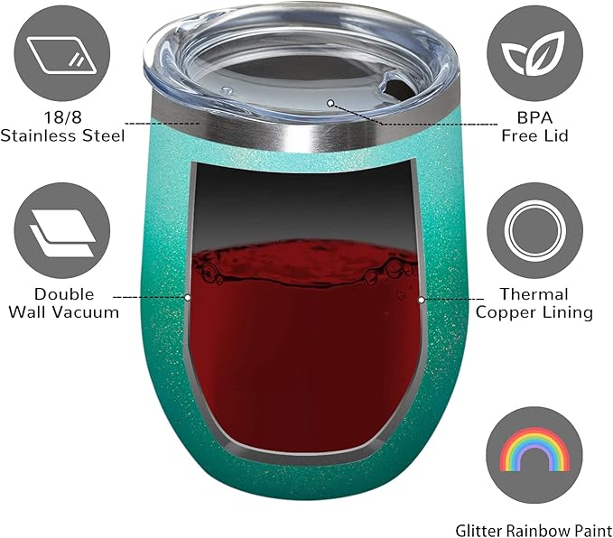 MEWAY 12oz/12 Pack Wine Tumbler Glasses with Lid - Stemless Double Wall Vacuum Stainless Steel Glitter Tumbler - Keeping Cold & Hot Cup for Coffee,for Women(Gradient Blue,Set of 12)