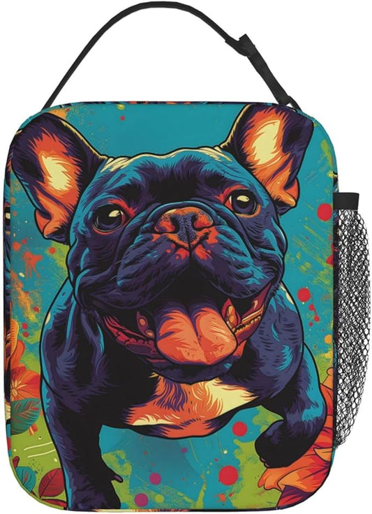 Vibrant French Bulldog Insulated Lunch Box,Colorful Dog Reusable Tote Bag for Puppy Lovers,Pet Pop Art Design Lunchbag,Portable Cooler Lunchboxes for Work School Picnic Travel Hiking Gifts