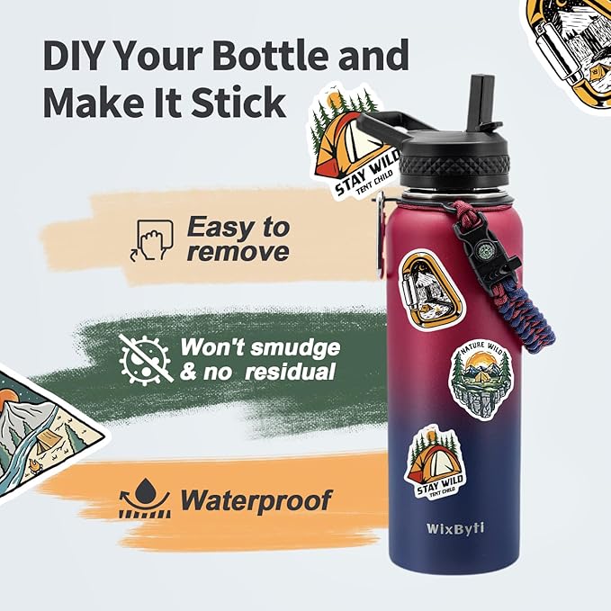 40 oz Insulated Water Bottle with Straw (Cold for 48 Hrs), Stainless Steel Triple Wall Vacuum Sports Water Jug, Leakproof Hydro Cup Flask with Paracord Handle & Straw Spout Lids & DIY Stickers