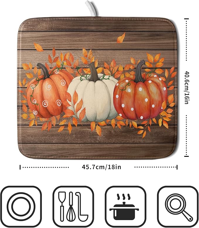 Autumn Pumpkin Dish Drying Mat Rustic Wood Dish Drainer Mats Fast Dry Microfiber Reversible Dish Drying Pad Kitchen Decoration 16x18 inch