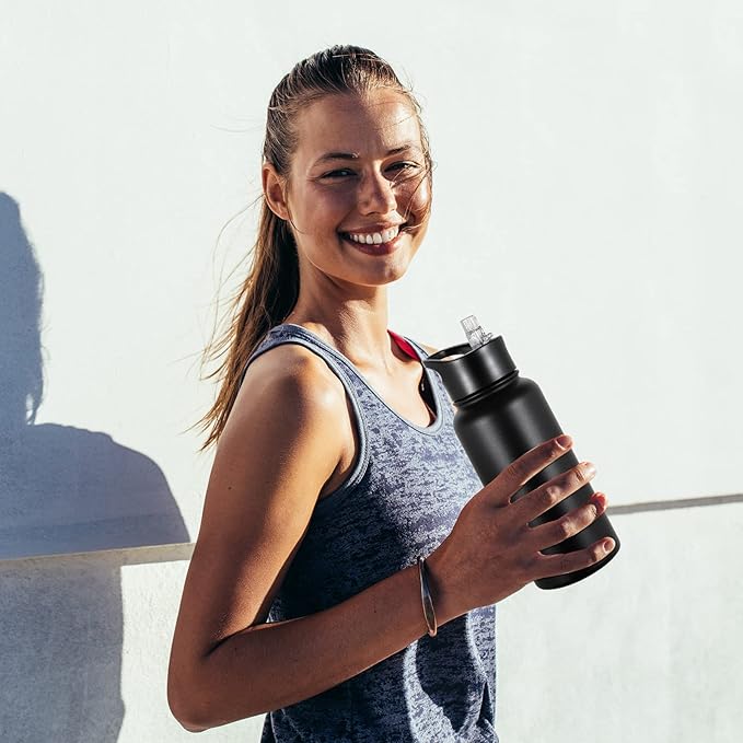 32 oz Insulated Water Bottle Bulk 8 Pack, Stainless Steel Sports Water Bottles with Straw Lid & Wide Mouth Lids, Double Walled Vacuum, Leak Proof, Black