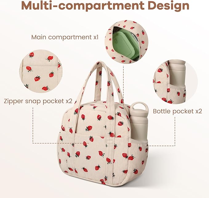 Yarnic Corduroy Lunch Bag Women Men Insulated, Large Lunch Box for Work with Bottle Pockets, Stylish Reusable Cooler Tote for Adults Teachers Picnic Hiking (Big Strawberry)