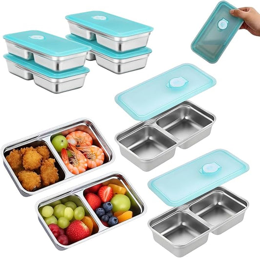 Reusable Stainless Steel Snack Containers with Lids,Double Compartment 2 Condiment Containers,Grab and Go Divided Snack Food Storage for Kids Adults, Sauce Cups for School, Trave (4)