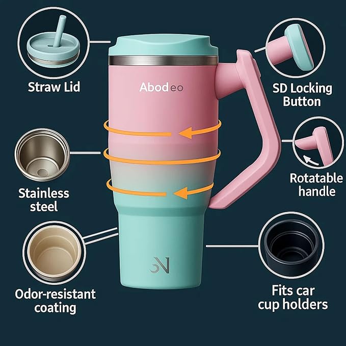 Travel Coffee Tumbler 40 oz - Iced Coffee Mug with Straw and Leakproof Lid, Insulated Stainless Steel Tumbler with Rotatable Handle - Fits Most Car Cup Holders (Green & Pink)