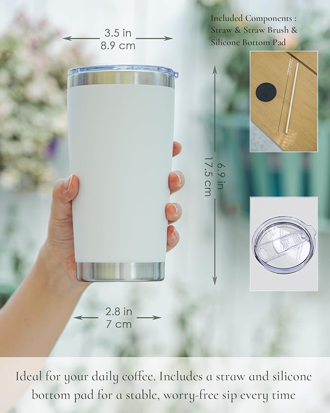 Travel Coffee Tumbler 20oz, 1 Pack Leakproof Travel Coffee Mug with Lid and Straw, Stainless Steel Double Wall Vacuum Insulated Tumbler for Hot/Iced Drinks (Textured Matte, White)