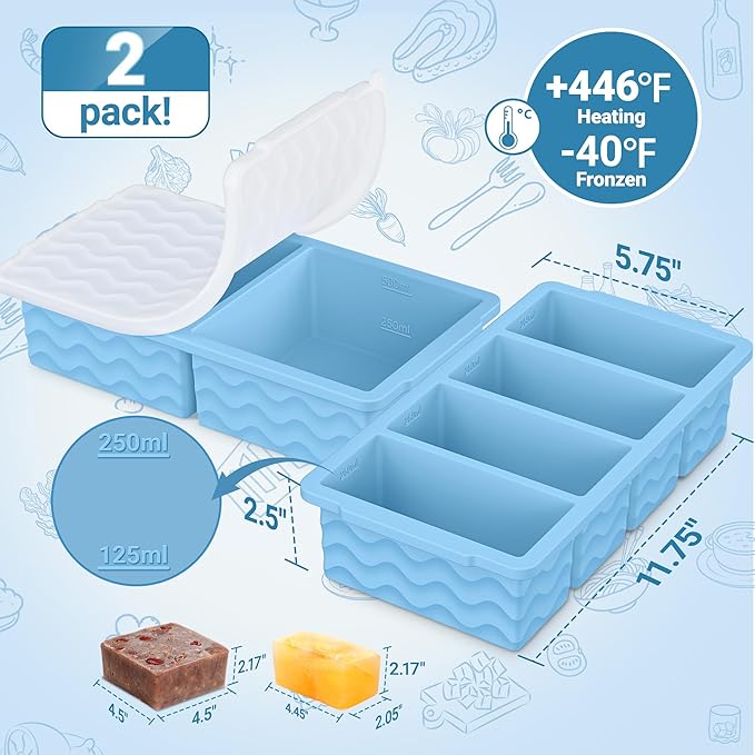 Silicone Freezer Molds for Soup with Lid, 1-Cup & 2-Cup Large Ice Cube Trays Food Storage Containers for Meal Prep, Freeze 250mL/125mL Portions – 2 Pack