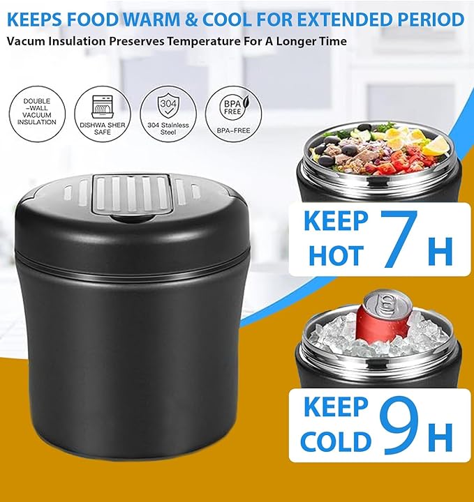 Thermo Food Jar For Hot Food - 40 OZ, Thermo soup containers With lid, Wide Mouth Vacuum Insulated Stainless Steel Leakproof Bento Box With Spoon,Black