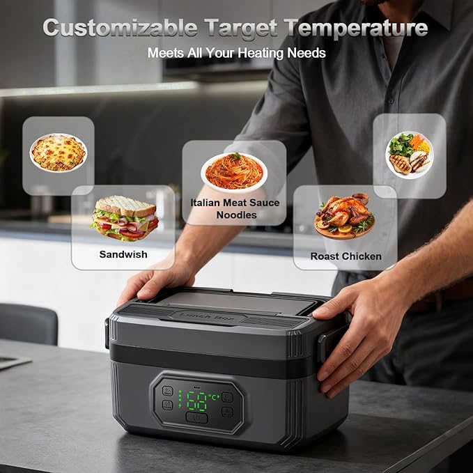 1.6L Cordless Electric Lunch Box - 24000mAh Heated Lunch Box Battery Powered with Automatic Heating, 9-Timer & 5-Temp Setting, Leakproof 304 Stainless Steel Container, Perfect for Office/Truck/Outdoor