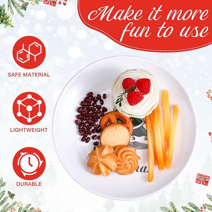 6 Pcs Christmas Reusable Melamine Dinner Plates 8 Inch Christmas Theme Round Plates Xmas Dishes Dinnerware Set for Salad Pasta Xmas Birthday Party Supplies Gifts (Classic)