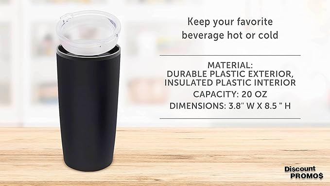 DISCOUNT PROMOS Plastic Tumblers 20 oz. Set of 6, Bulk Pack - With lids, Ice Coffee Tumbler, To Go Cup, Insulated - Black