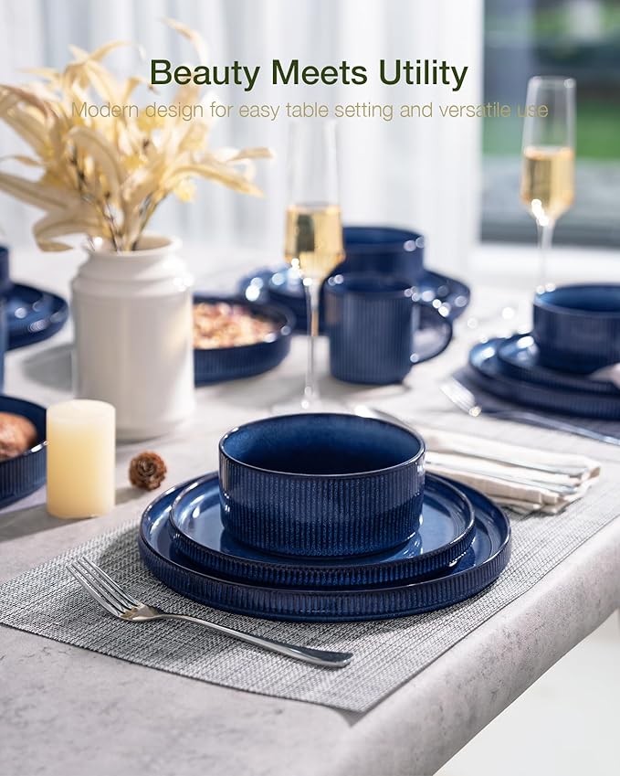 Famiware Star Dinnerware Set with Mugs, Service for 4 (16pcs), Ribbed Stoneware Plates and Bowls Dishes Sets - Chip & Scratch Resistant, Microwave & Dishwasher Safe, Nebulas Blue