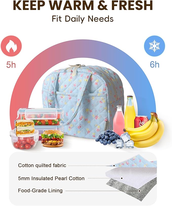 Quilted Lunch Box for Women,Insulated Cute Reusable Lunch Bag with Front Pocket,Pink Flower Stylish Lunch Tote Bag for Work, Office,Picnic, Travel,School (pink yellow floral)