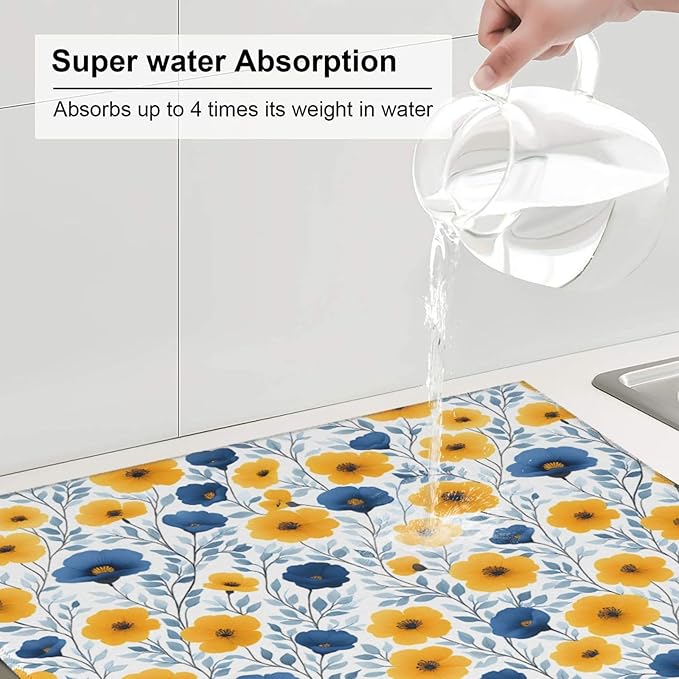 Blue Yellow Floral Dish Drying Mats for Kitchen Counter, 16" x 18" Absorbent Microfiber Drying Pad for Dishes, Decorative Kitchen Mat for Sink & Dining Area, Washable Foldable Reversible, Home Decor