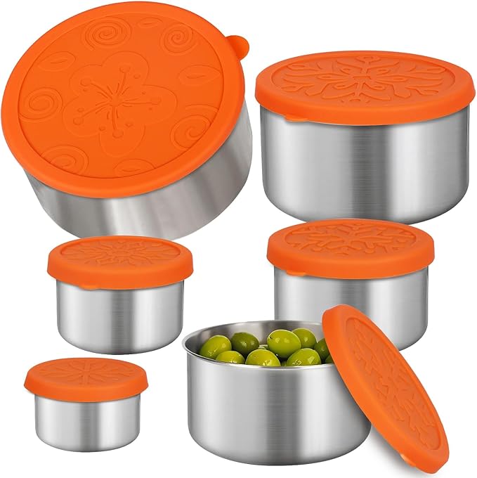6 Pack Stainless Steel Snack Containers with Silicone Lids, Metal Food Storage Container for Snackle Box, Nesting Lunch Box Containers for Travel