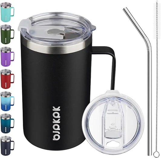 BJPKPK Insulated Coffee Mug with 2 Lids, 25oz Stainless Steel Insulated Tumbler with Handle, Double Wall Vacuum Coffee Cups, BPA Free Travel Mug for Coffee, Tea and Drinks, Black